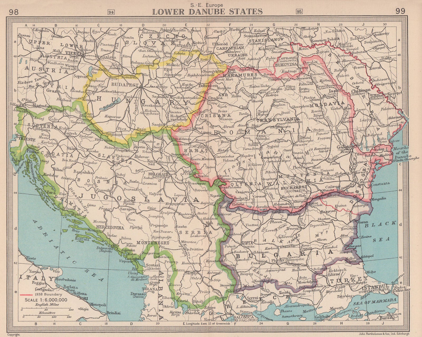 Balkans 1938 & 1945 borders. Romania Hungary Bulgaria Yugoslavia 1949 old map